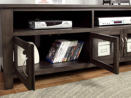 Transitional Style TV Console Base With Dual Cabinet And Two Open Shelves 3mm Tempered Glass On Cabinet Doors Rear Wearing Access Gray Finish - sold by Home Elegance USA
