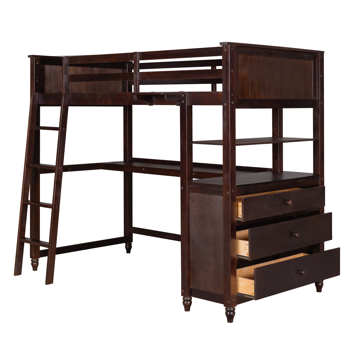 Twin size Loft Bed with Drawers and Desk, Wooden Loft Bed with Shelves - Espresso(OLD SKU: LT001530AAP) - Home Elegance USA