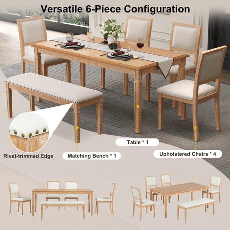 TREXM Vintage Extendable Dining Table Set for 6 with 4 Chairs & Bench, 59 to 72-Inch Rustic Farmhouse Kitchen Table Set with Distressed Finish and Retro Carved Legs (Natural Wood Wash) - sold by Home Elegance USA
