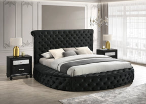 Unique Round Plush Black Velvet Button-Tufted Detailing Storage Bed Queen Size Black 2x Nightstands Wooden Bedroom Furniture 3pc Set - sold by Home Elegance USA