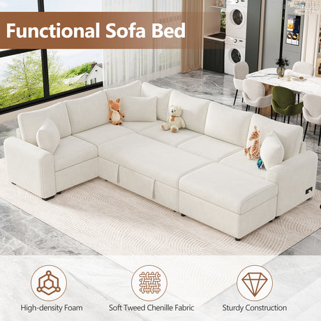 Cream Tweed Chenille Sectional Sofa with Pull-out Bed and Storage Ottoman, 112.2' for Living Room - sold by Home Elegance USA