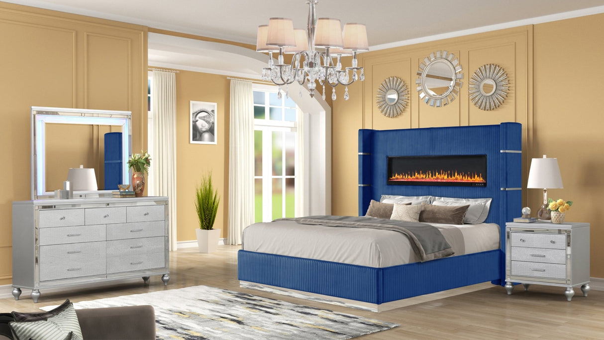 Modern Style Upholstery Queen 4 Piece(Includes: Queen Size Bed, Nightstand , Dresser, and Mirror) Fireplace Bedroom Set made with wood in Blue