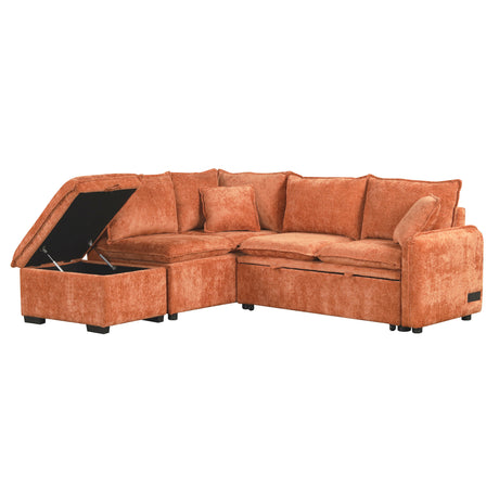 Convertible L-shaped Sofa Bed with Storage Ottoman, Power Sockets & USB Ports, Orange Chenille, 82.67' - sold by Home Elegance USA