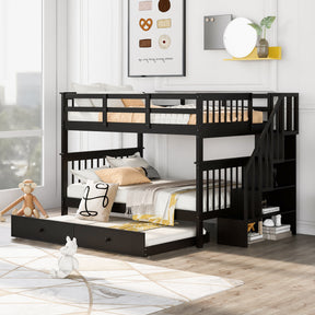 Stairway Full-Over-Full Bunk Bed with Twin size Trundle, Storage and Guard Rail for Bedroom, Dorm - Espresso(OLD SKU :LT000210AAP)