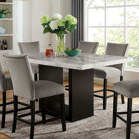 Genuine Marble Top Table w 6x High Chairs Light Gray Flannelette Upholstered Chair Counter Height Dining Room 7pc Set Furniture - sold by Home Elegance USA