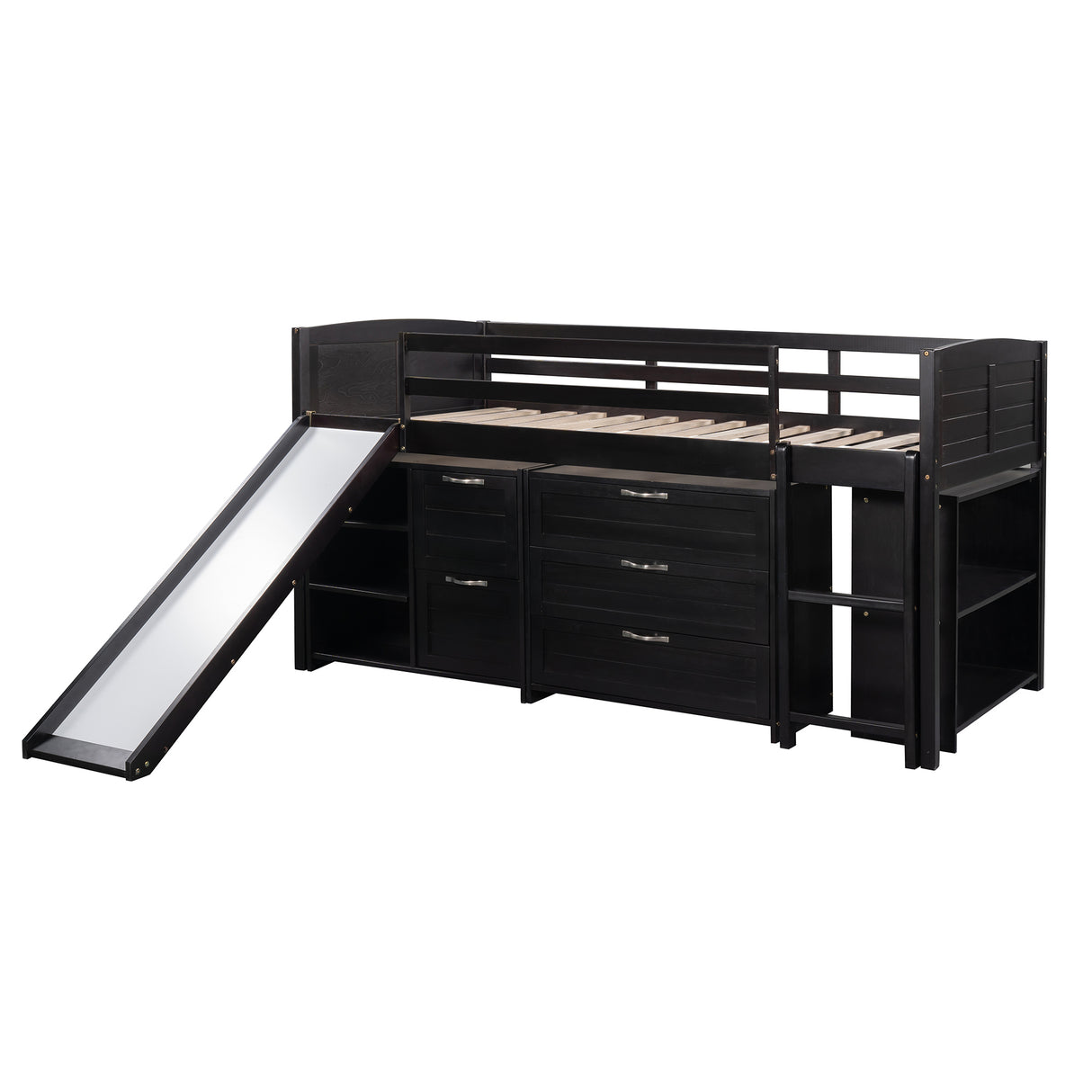 Low Twin Size Loft Bed with Cabinets, Shelves and Slide - Espresso(OLD SKU :LP000503AAP) - Home Elegance USA