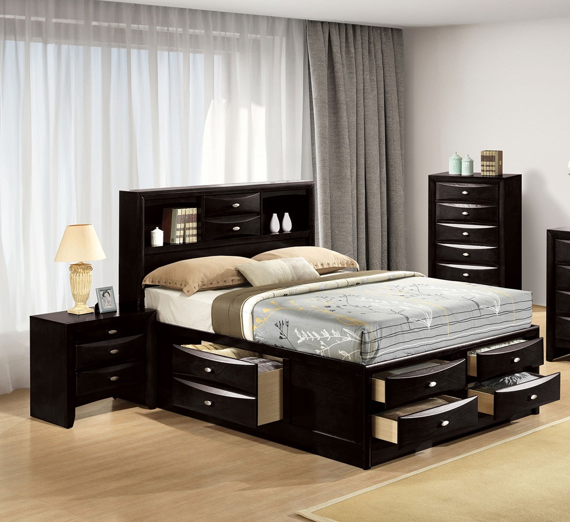 Juego de dormitorio contemporáneo de 3 piezas con cama tamaño queen, 2 mesitas de noche y cabecero, librería y color negro