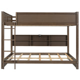 Queen over Queen Bunk Bed with Storage Cabinets and USB Ports in Antique Wood Color, Solid Pine Wood+MDF
