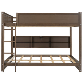 Queen over Queen Bunk Bed with Storage Cabinets and USB Ports in Antique Wood Color, Solid Pine Wood+MDF