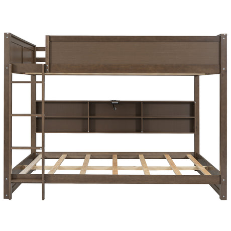 Queen over Queen Bunk Bed with Storage Cabinets and USB Ports in Antique Wood Color, Solid Pine Wood+MDF