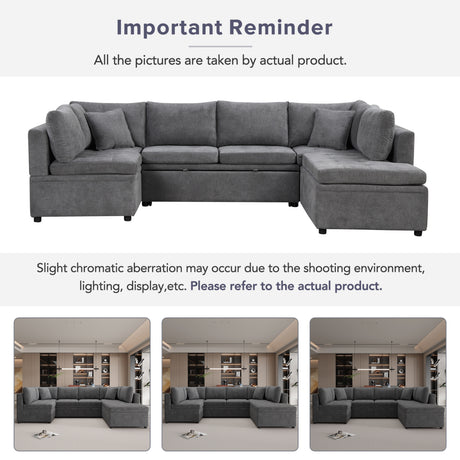 Oversized Sectional Sofa U-shaped Couch Pull-out Sofa Bed with Two Throw Pillows Gray Chenille 117.3' - sold by Home Elegance USA