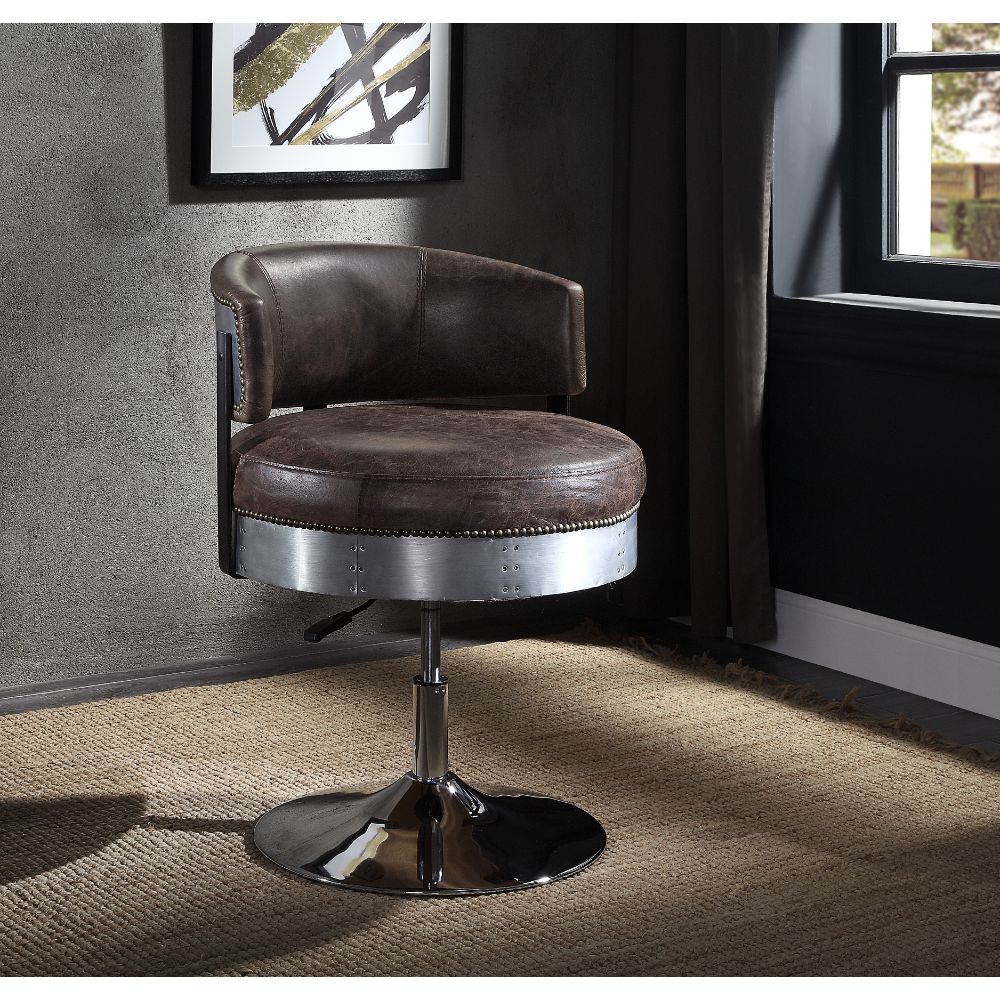 Acme - Brancaster Adjustable Stool W/Swivel 96268 Distress Chocolate Top Grain Leather & Chrome Finish