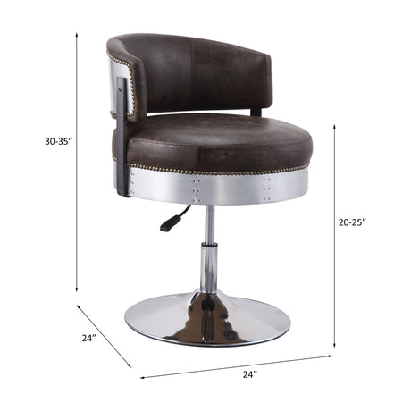 Acme - Brancaster Adjustable Stool W/Swivel 96268 Distress Chocolate Top Grain Leather & Chrome Finish