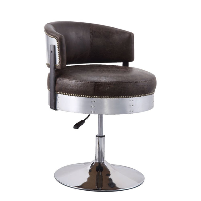 Acme - Brancaster Adjustable Stool W/Swivel 96268 Distress Chocolate Top Grain Leather & Chrome Finish