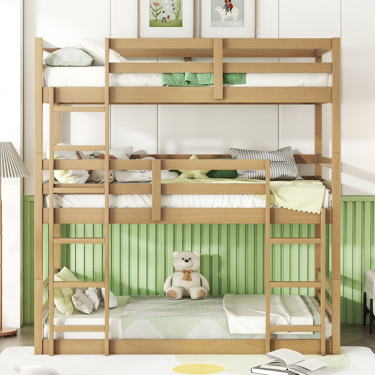 Triple Rubber Wood Bunk Bed with Two Built-in Ladders, Guardrails, Twin over Twin over Twin, Detachable Triple Twin Bunk Bed,Natural