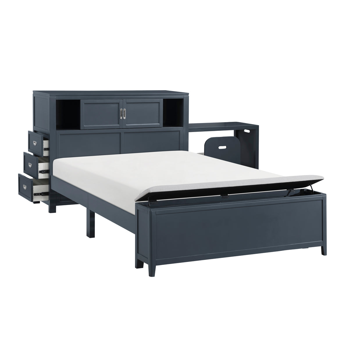 Navy Blue Finish Full Platform Bed with Bookcase Headboard Drawers Hidden Desk Stool Footboard Storage Bench Bedroom Furniture 1pc