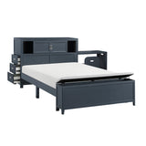 Navy Blue Finish Full Platform Bed with Bookcase Headboard Drawers Hidden Desk Stool Footboard Storage Bench Bedroom Furniture 1pc