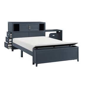 Navy Blue Finish Full Platform Bed with Bookcase Headboard Drawers Hidden Desk Stool Footboard Storage Bench Bedroom Furniture 1pc