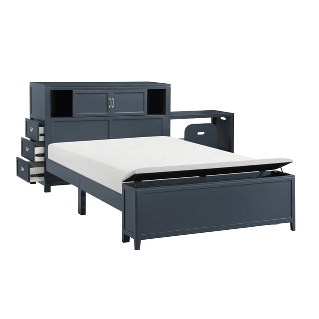 Navy Blue Finish Full Platform Bed with Bookcase Headboard Drawers Hidden Desk Stool Footboard Storage Bench Bedroom Furniture 1pc
