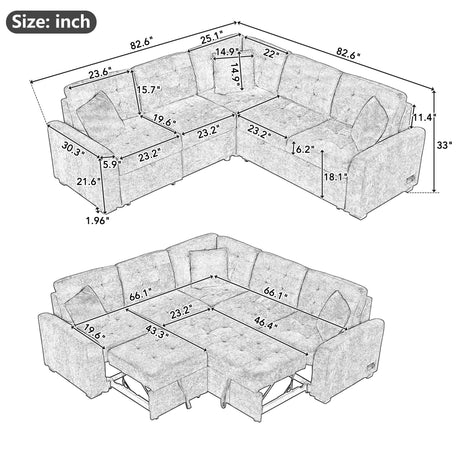 Navy Blue L-shape Sofa Bed with Pull-out Sleeper, USB Ports, Power Sockets, Corded Velveteen, 82.6' - sold by Home Elegance USA