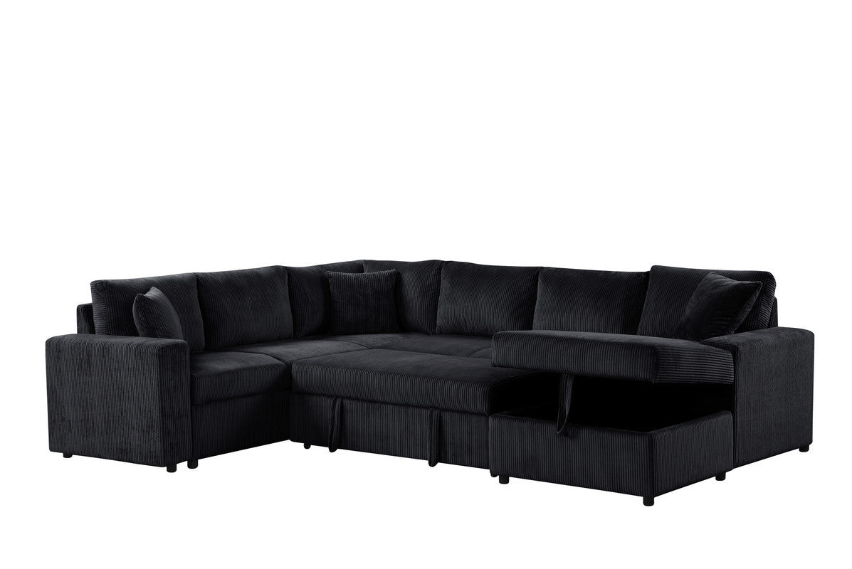 Rinaldo 123'W Black Corduroy Sleeper Sectional Sofa with Right-Facing Storage Chaise and Throw Pillows
