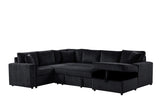 Rinaldo 123'W Black Corduroy Sleeper Sectional Sofa with Right-Facing Storage Chaise and Throw Pillows