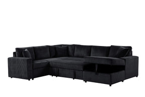 Rinaldo 123'W Black Corduroy Sleeper Sectional Sofa with Right-Facing Storage Chaise and Throw Pillows - sold by Home Elegance USA