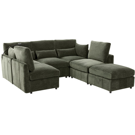 Modern Sectional Sofa Modular Sofa 85.4' U-shaped Sofa Couch Sofa Bed with Movable Ottoman, USB Ports, Phone Holder, Green Chenille - sold by Home Elegance USA