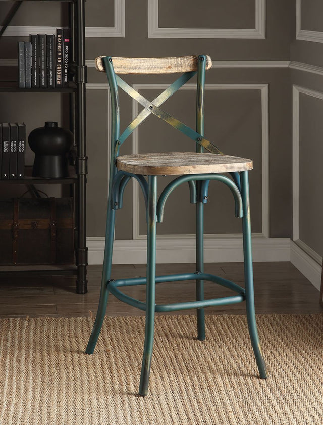 Acme - Zaire Bar Chair 96807 Antique Turquoise & Antique Oak Finish