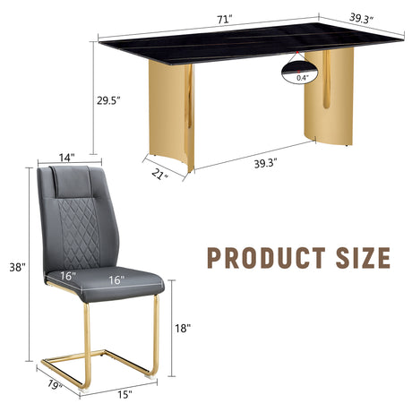 Table and chair set.The table has a glass tabletop with imitation marble pattern stickers and stainless steel golden legs. Paried with 6 comfortable chairs with PU seats and metal legs.W1151S01515 - sold by Home Elegance USA