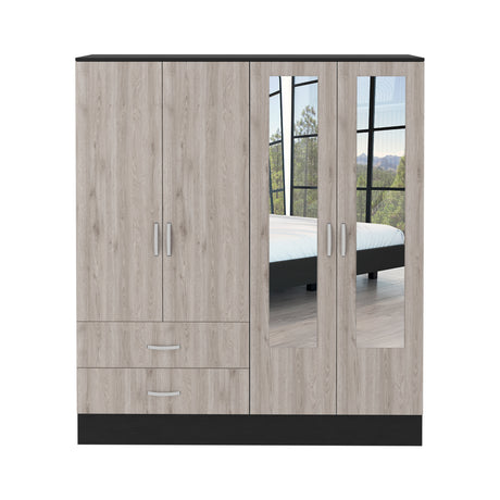Bolton 160 Armoire, Six Shelves, Two Double Door Cabinets, Two Mirrors, Two Drawers, Rod Black / Light Gray - sold by Home Elegance USA