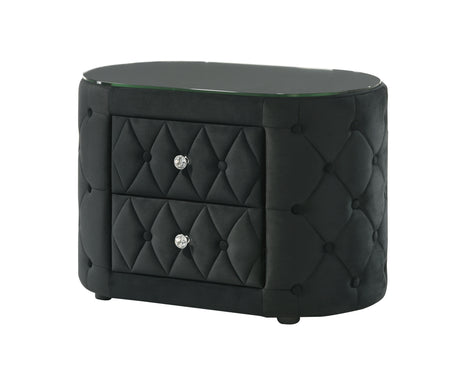 Luxurious Queen Size Bed Nightstand Set Deeply Tufted Headboard Nail Head Trim Upholstery Black Velvet Footboard Integrated Television Lift Mechanism Built-in Electric Fireplace Storage 3pc Set - sold by Home Elegance USA
