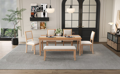 TREXM Vintage Extendable Dining Table Set for 6 with 4 Chairs & Bench, 59 to 72-Inch Rustic Farmhouse Kitchen Table Set with Distressed Finish and Retro Carved Legs (Natural Wood Wash) - sold by Home Elegance USA