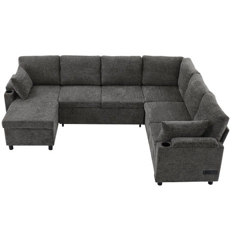 Versatile U-Shaped Sectional Sofa Bed with Storage, Cup Holders, Charging Ports in Grey Chenille - sold by Home Elegance USA