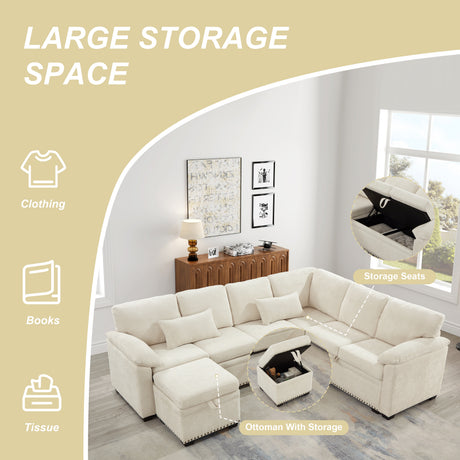97 Inch L-Shaped Corner Sectional Sofa Couch with Seat and Storage Ottoman,Chenille Fabric Corner Couch with 7 Seats & 2 Pillows for Living Room, Beige - sold by Home Elegance USA