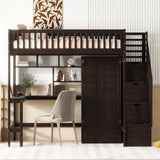 Twin size Loft Bed with Bookshelf,Drawers,Desk,and Wardrobe-Espresso - Home Elegance USA