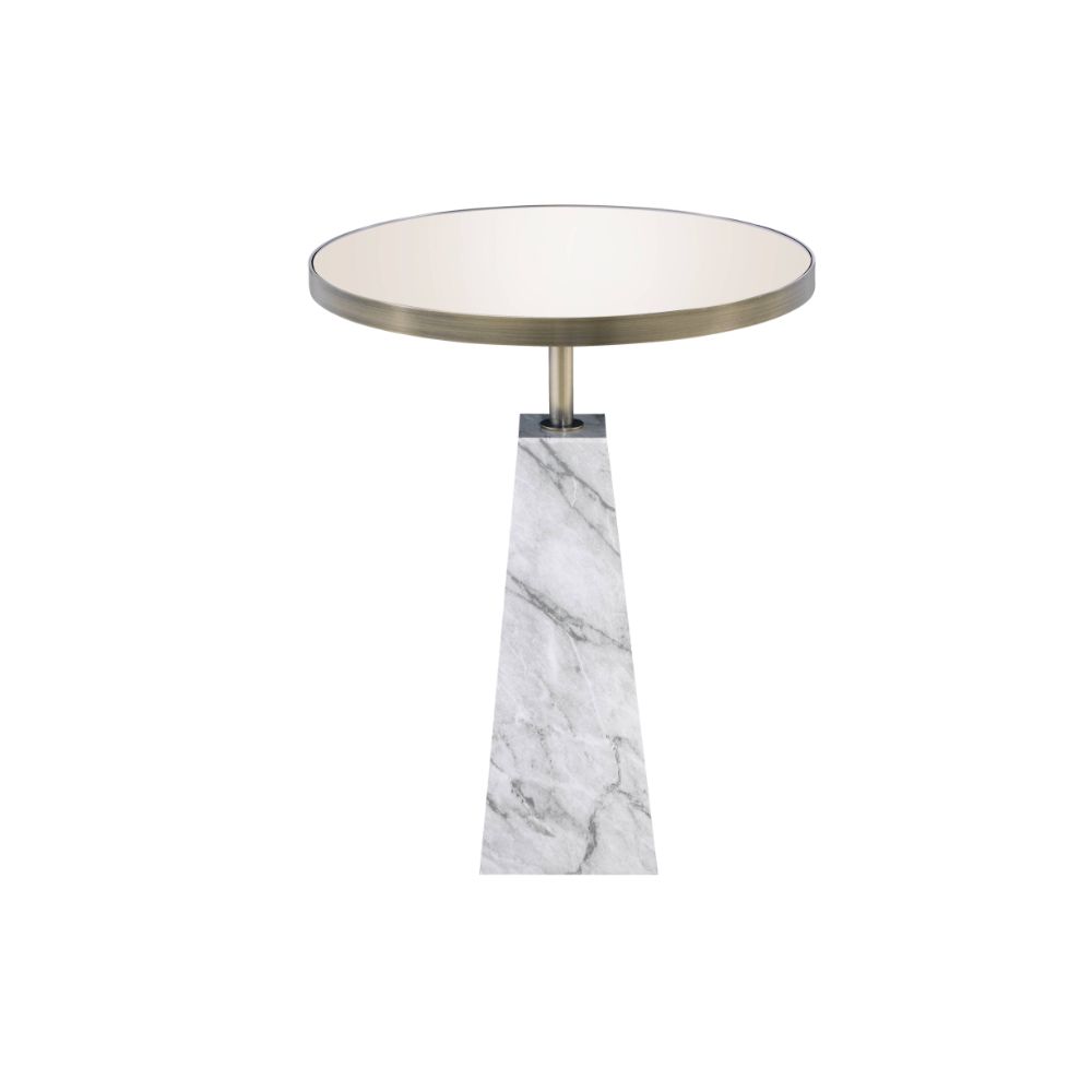 Acme - Galilahi Accent Table 97129 Mirrored, Faux Marble Top & Antique Gold Finish