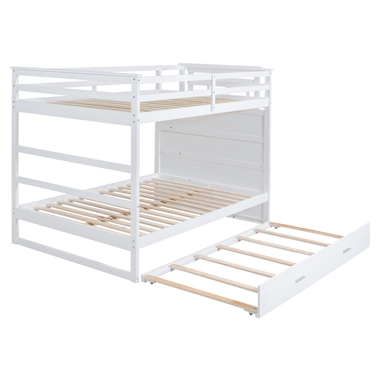 Full Over Full Bunk Bed with Twin Size Trundle and Staircase, White - Home Elegance USA