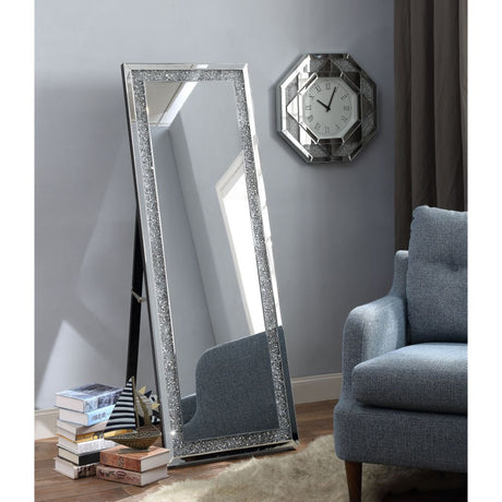 Acme - Noralie Floor Mirror 97156 Mirrored & Faux Diamonds