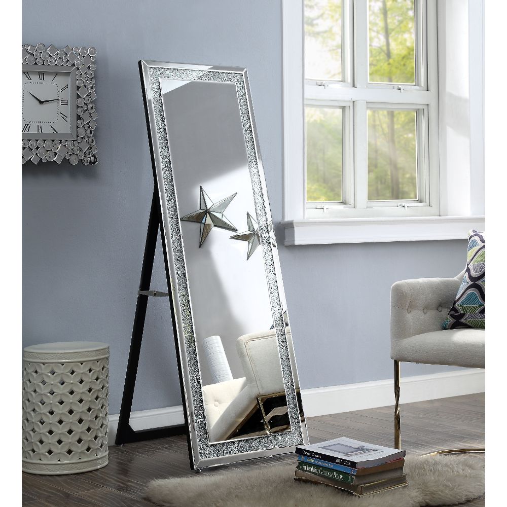 Acme - Noralie Floor Mirror 97157 Mirrored, Faux Diamonds