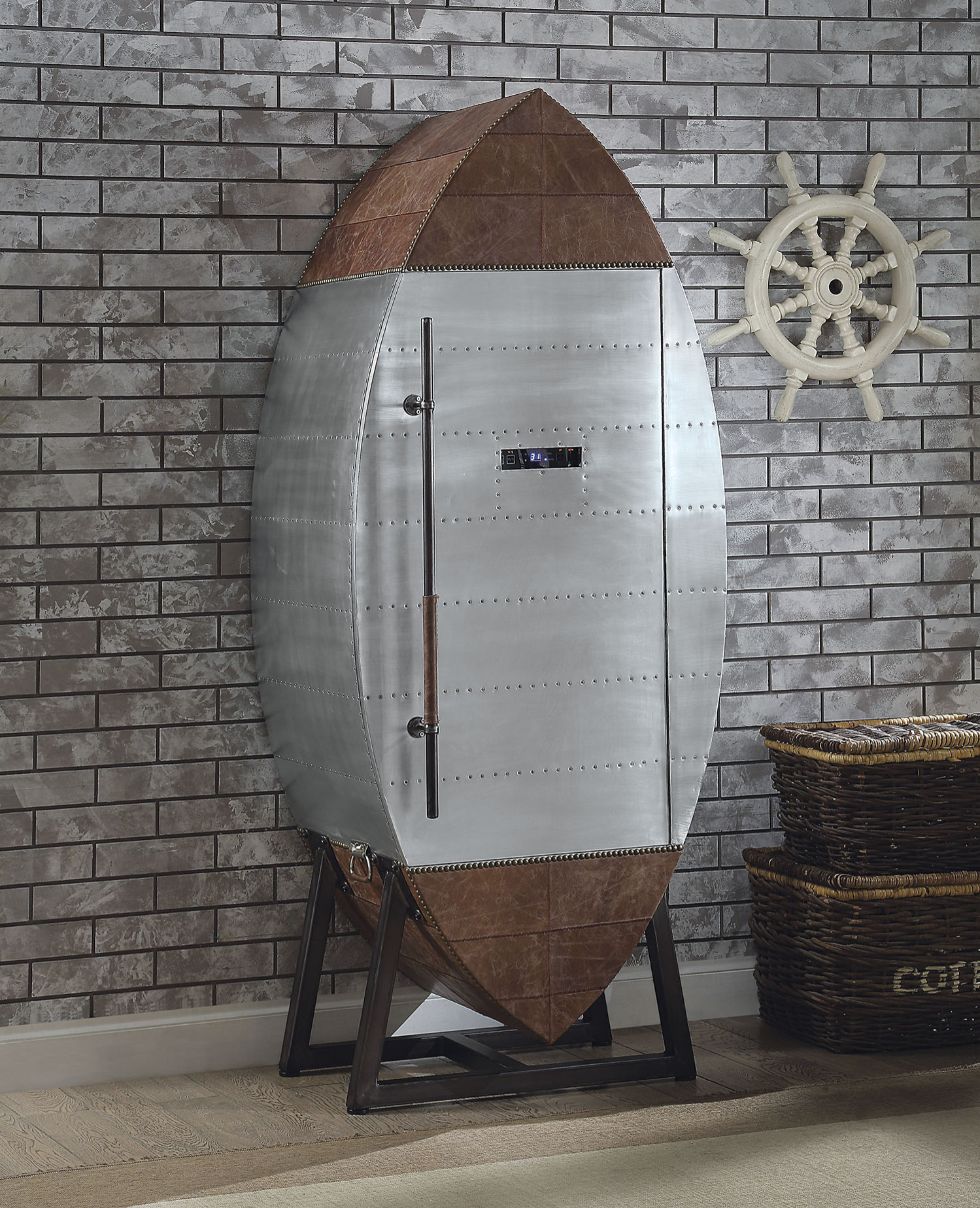 Acme - Brancaster Wine Cooler 97195 Retro Brown Top Grain Leather & Aluminum