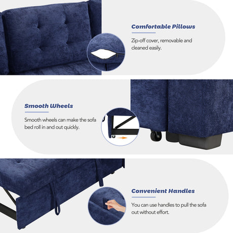 Navy Blue L-shape Sofa Bed with Pull-out Sleeper, USB Ports, Power Sockets, Corded Velveteen, 82.6' - sold by Home Elegance USA