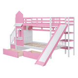 Twin-Over-Twin Castle Style Bunk Bed with 2 Drawers 3 Shelves and Slide - Pink - Home Elegance USA