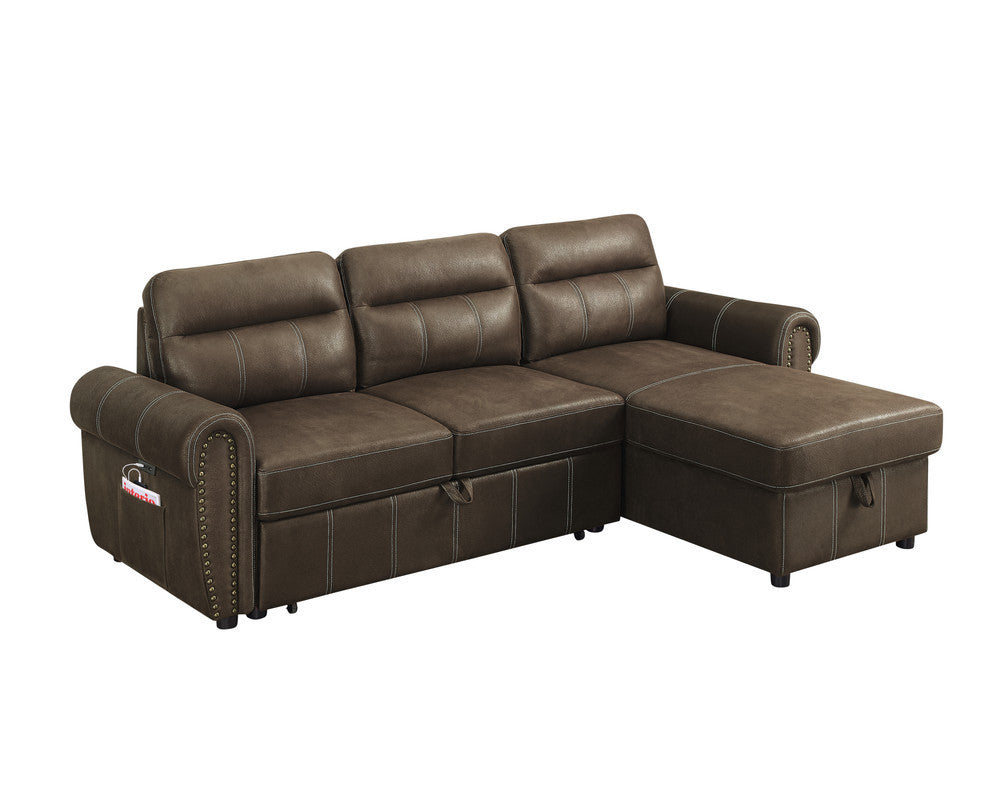 Hugo Brown Reversible Sleeper Sectional Sofa Chaise with USB Charger - Home Elegance USA