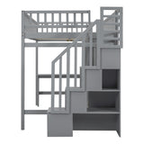 Full size Loft Bed with Bookshelf,Drawers,Desk,and Wardrobe-Gray - Home Elegance USA