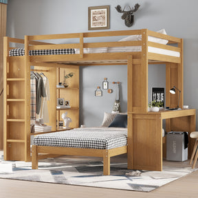 Queen over Twin Bunk Bed with Dismountable Lower Bed and Desk, Solid Wood Bunk Beds Frame with Built-in Shelves and Wardrobe, Can be Converted into Loft Bed, Natural