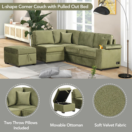 Green Velvet Sleeper Sofa Bed with Storage Ottoman, L Shape Pull Out Couch for Living Room and Bedroom - sold by Home Elegance USA