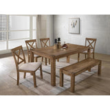 Transitional 6 Pieces Driftwood Dining Set, Antique Oak Wood Finish Dining Table Bench and 4 side Chairs with Open X-Back, Cushion, Natural Oak