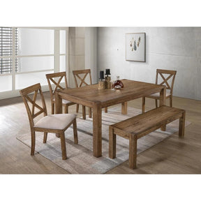Transitional 6 Pieces Driftwood Dining Set, Antique Oak Wood Finish Dining Table Bench and 4 side Chairs with Open X-Back, Cushion, Natural Oak - sold by Home Elegance USA