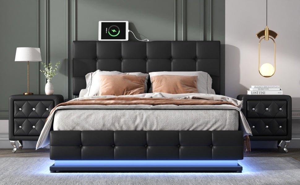 3 - Pieces Bedroom Sets,Queen Size Upholstered Bed with LED Lights,Hydraulic Storage System and USB Charging Station, Two Nightstands with Crystal Decoration,Black | Home Elegance USA